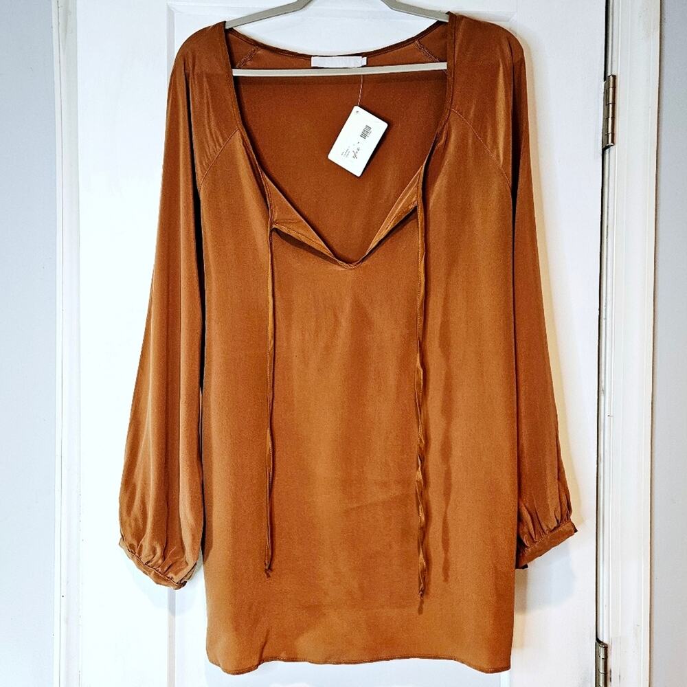 Kain Carrie Silk Tie Neck Tunic Blouse Tobacco Brown NWT